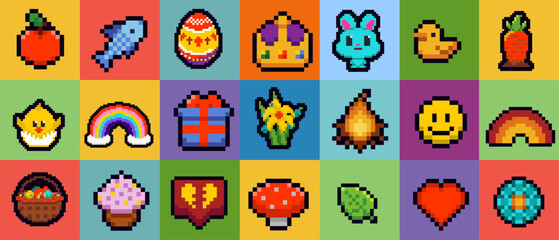 Pixel art icons set. Happy Easter greeting card design. Rabbit, bunny, eggs and baby chicken. Isolated vector illustration.