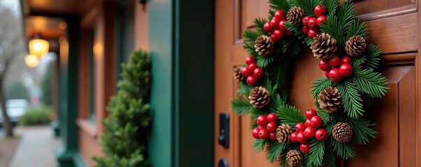 Fototapeta premium Wreath on front door with red berries and pinecones, festive, autumnal colors