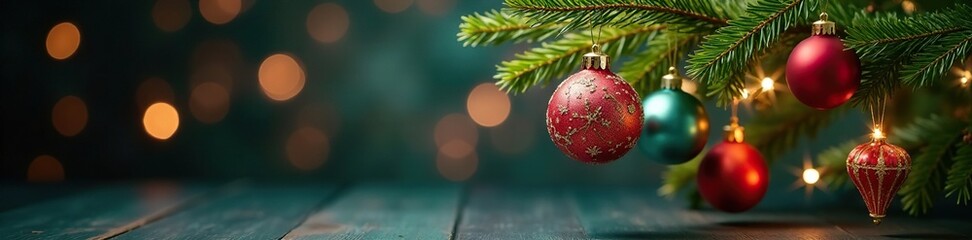 Festive ornaments hanging from a wooden branch, evergreen, seasonal decor