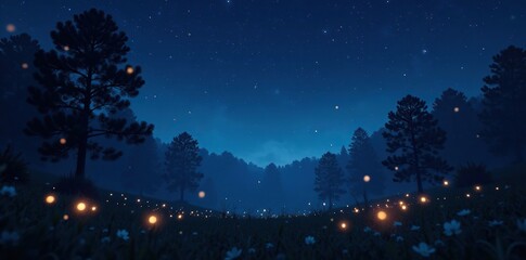 Fototapeta premium Dark forest with glowing fireflies under starry sky, nature, scenery, insects