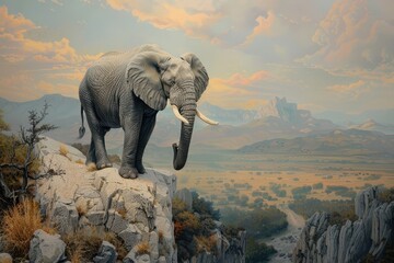 Fototapeta premium Majestic elephant standing on rocky outcrop at sunset overlooking savannah landscape, showcasing the beauty of wildlife and nature