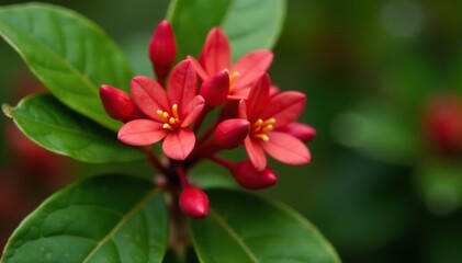 Red flower buds and green leaves on a Photinia branch, photinia, red