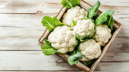 fresh cauliflower in a wooden box