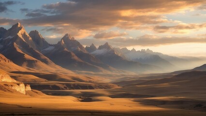 A dramatic mountain landscape at sunset,