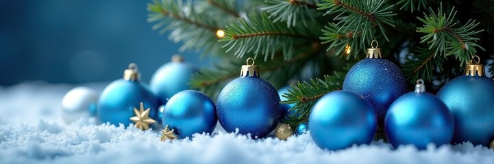 Blue Christmas balls scattered around the base of a fir tree, snow, arrangement