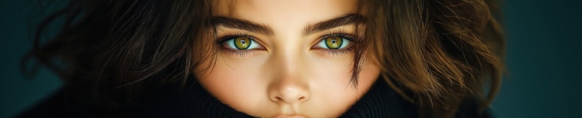 Obraz premium Green-eyed woman posing with a mysterious expression in a softly lit setting