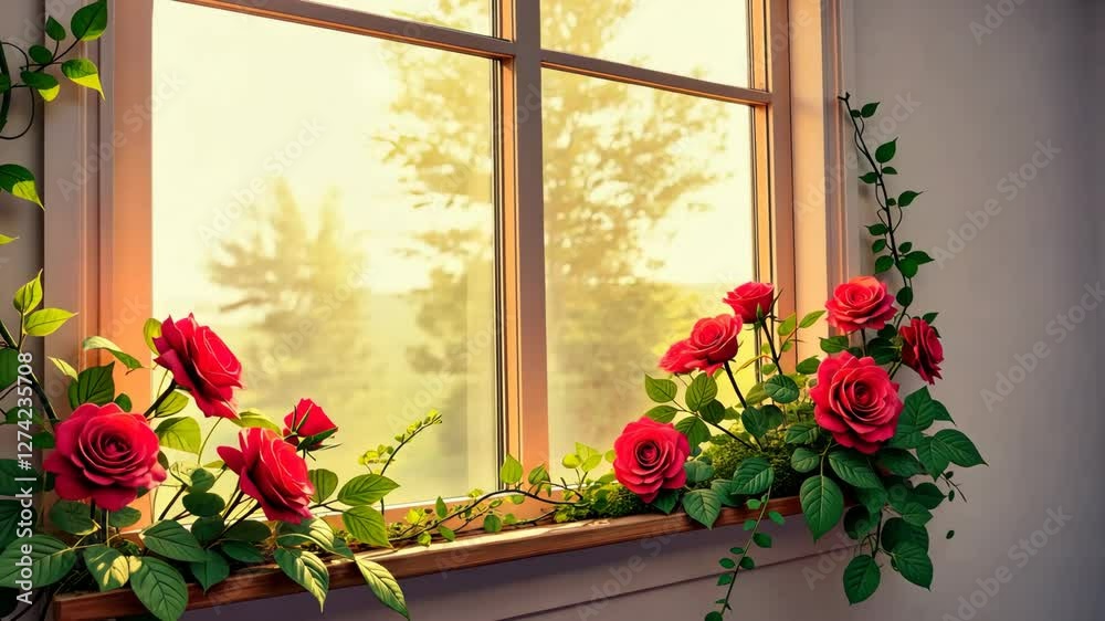 Poster A window with a bunch of red roses in it. The roses are in a vase and are placed on the window sill