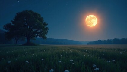 Fototapeta premium Soft moonlight bathes a serene field and trees in a gentle glow, nature, night scene, moonlight