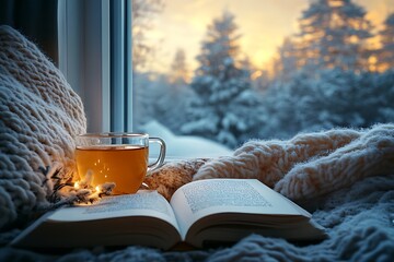 Cozy winter window tea reading