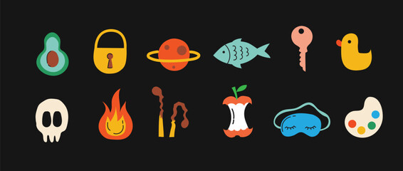 Set of Y2K trend abstract flat shapes in cartoon style. Collection of decorative elements for design in multicolored colors. . Vector shapes Isolated on black background.