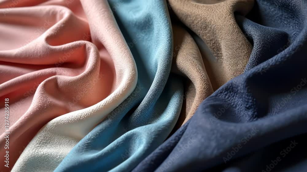 Poster A row of different colored fabric with a blue stripe. The blue stripe is on the left side of the row
