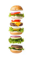 Burger ingredients floating, isolated on white background, 