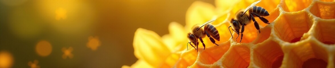 Bees in natural golden honey filled honeycombs, nature, golden honey