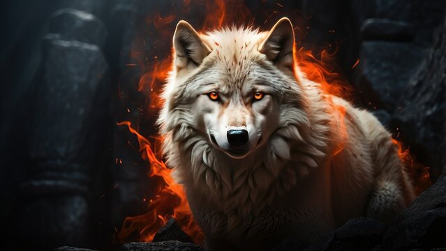 A majestic white wolf with piercing golden eyes emerges from vibrant flames,