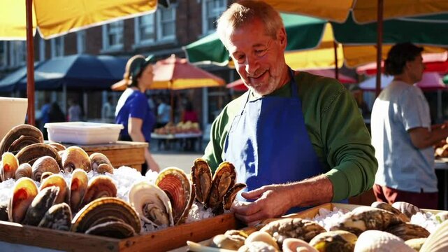 Fishmonger skillfully shucking fresh oysters at an outdoor seafood market stall, surrounded by various shellfish on ice, creating a captivating slow motion display of culinary expertise