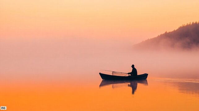 Silhouette of fisherman
 in rowing boat on misty lake during orange sunset. Peaceful fishing scene with foggy mountains. Tranquil outdoor recreation and nature landscape - Powered by Adobe