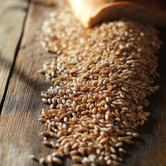 Obraz premium Close-Up of Fresh Bread with Wheat Grains and Spikelets on Wooden Table