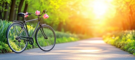 Fototapeta premium Black Bicycle Adorned with Pink Tulips, Resting on a Serene Forest Path Bathed in Golden Sunlight