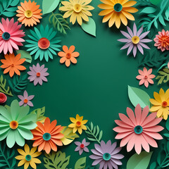 Obraz premium top view of colorful paper cut flowers with green leaves