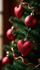 Obraz premium Red heart Christmas tree ornaments on green tree, ribbons, holiday decor