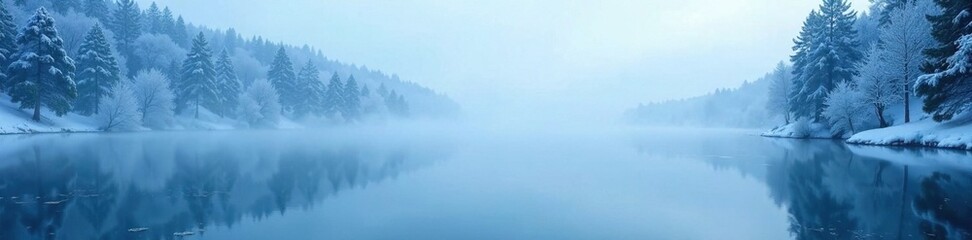 Blue misty morning with snowflakes on frozen lake, snow, lake