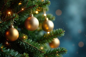 Decorated evergreen tree with gold ornaments and twinkling lights, Christmas tree decor, Winter wonderland