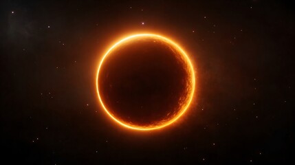 Fototapeta premium Solar eclipse with glowing orange ring in dark starry sky. Total eclipse astronomical phenomenon. Natural cosmic event in space with copy space for text