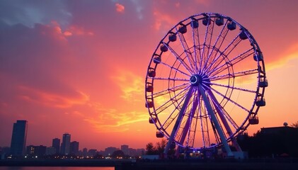 Ferris wheel at sunset with soft pink and orange hues, sunset, ferris wheel