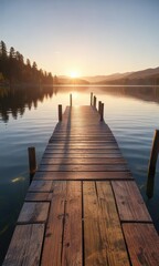Fototapeta premium Early morning sunlight highlights wooden dock on lake, reflection, natural beauty