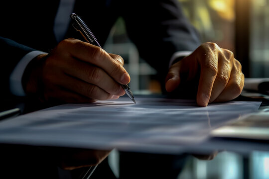 Businessman's hand using a virtual screen to check a single document, form, and data in documents on the digital interface