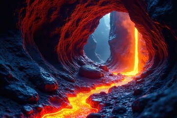 Lava flows through a narrow passage in the cave, fire, solid