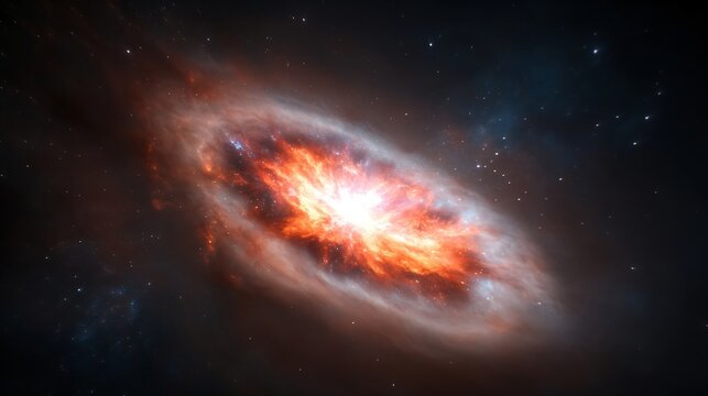 Spectacular starburst galaxy in deep space showing intense star formation and cosmic dust. Dramatic celestial view of massive stellar explosion in distant universe with orange nebula