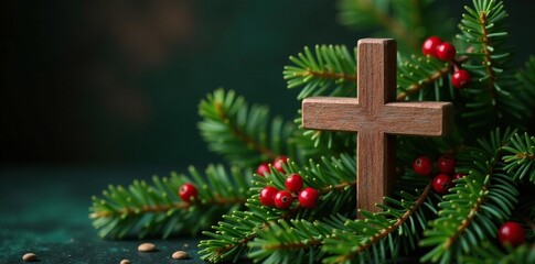 Wooden cross decorated with evergreen branches and red berries on a Christmas tree, holly, evergreen