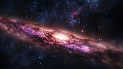 Fototapeta premium Colorful spiral galaxy in deep space with bright center and dusty arms. Cosmic nebula with purple and pink clouds against starry background. Astronomical science wallpaper