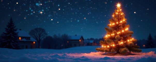 Fototapeta premium Festive Christmas tree with sparkling light garland and starry night sky, decoration