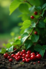 Red berries scattered on the ground around a Gaultheria plant, greenery, berries