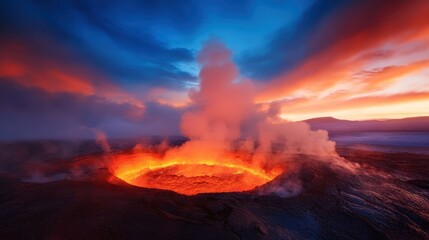 Fototapeta premium A breathtaking view of an erupting volcano under a vibrant sunset, showcasing fiery lava and dramatic clouds, embodying the raw power of nature's forces and stunning geological phe