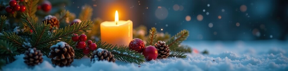 Soft candlelight illuminates a bed of holly and pinecones on a snowy ground, snowflakes, holiday