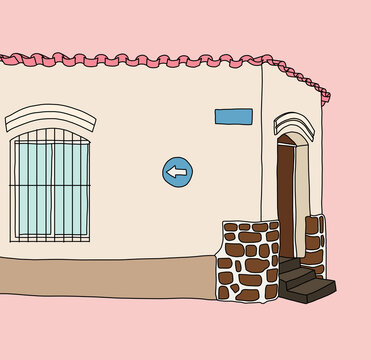 Cottage Colonial South American House Street Scene with Signs and Rustic Brick Walls in Pink Background