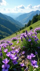 Fototapeta premium Soft lavender petals scattered on a hillside amidst a mountain landscape, hills, flowers