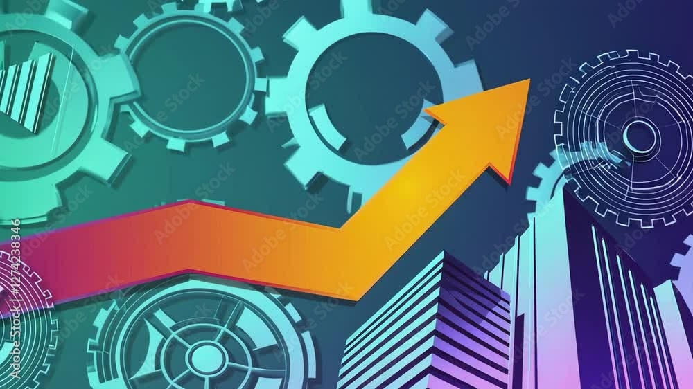 Poster growing orange arrow graph representing positive business growth with gears and skyscrapers and othe