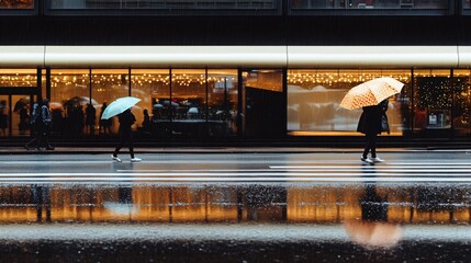 People with umbrellas walking in rain at night near illuminated storefront. Urban street scene with water reflections on wet pavement. Moody cityscape photography with copy space
