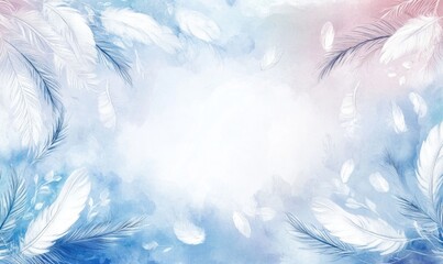A blue and pink background with white feathers scattered throughout