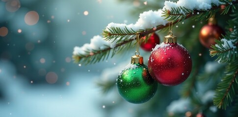 Red and green ornaments intertwined on a snowy branch, sparkly balls, shiny glass