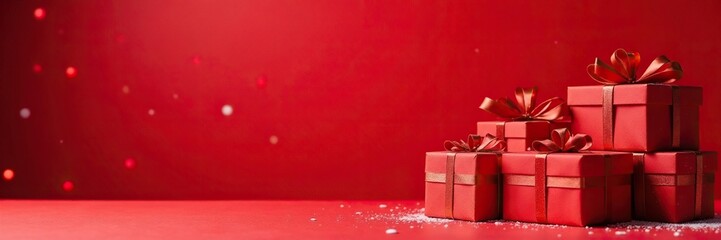 Fototapeta premium Red background with gift boxes stacked on top of each other, Decorative Items, Winter Wonderland, Festive Decor