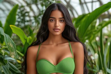 Fototapeta premium Immerse yourself in botanical beauty with this stunning fashion editorial featuring a woman surrounded by lush greenery in a luxurious greenhouse Explore the captivating imagery, where high fashion