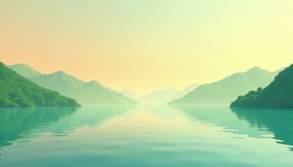 Soft green pastel gradient on calm lake surface, orange, serene, water