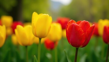 Yellow and red tulip blooms on a natural background with calathea majestica, tulips, yellow tulip, garden