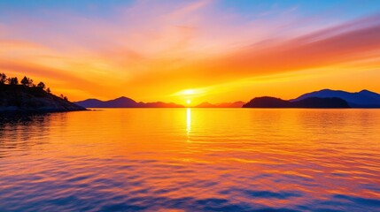 Obraz premium A breathtaking sunset over tranquil waters, with vibrant hues of orange and purple reflecting off the surface. Surrounding mountains create a serene backdrop, ideal for relaxation.