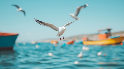 Obraz premium Seagull flying over blue ocean water with fishing boats in background. Marine wildlife and nautical scene with blurred orange boat. Summer coastal landscape with copy space